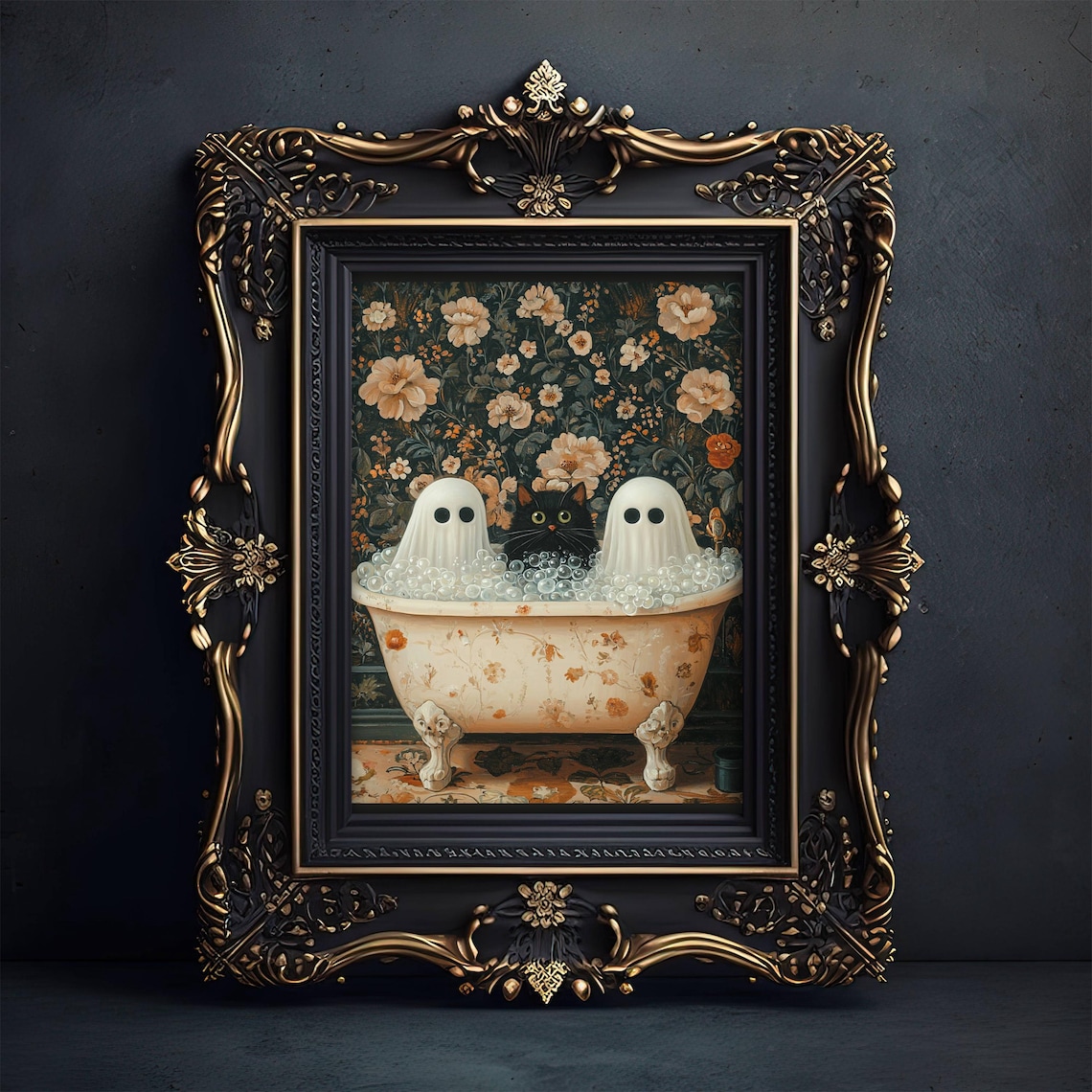 Ghosts And Cat in Bathtub, Halloween Art Print