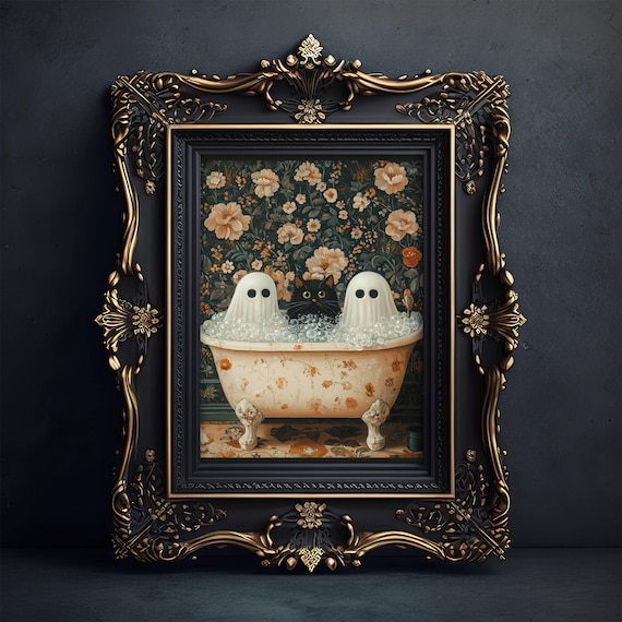 Ghosts And Cat in Bathtub, Halloween Art Print