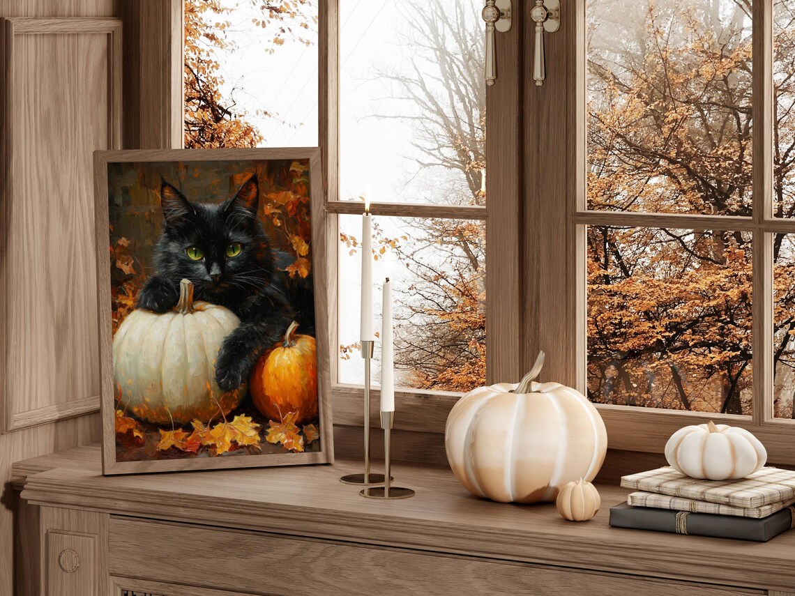 Black Cat With Pumpkins, Halloween Art Print - Image 4
