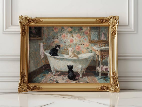 Victorian Kitten Bathroom Art Print, Romantic Cat Floral Decor