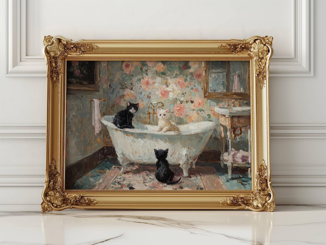 Victorian Kitten Bathroom Art Print, Romantic Cat Floral Decor
