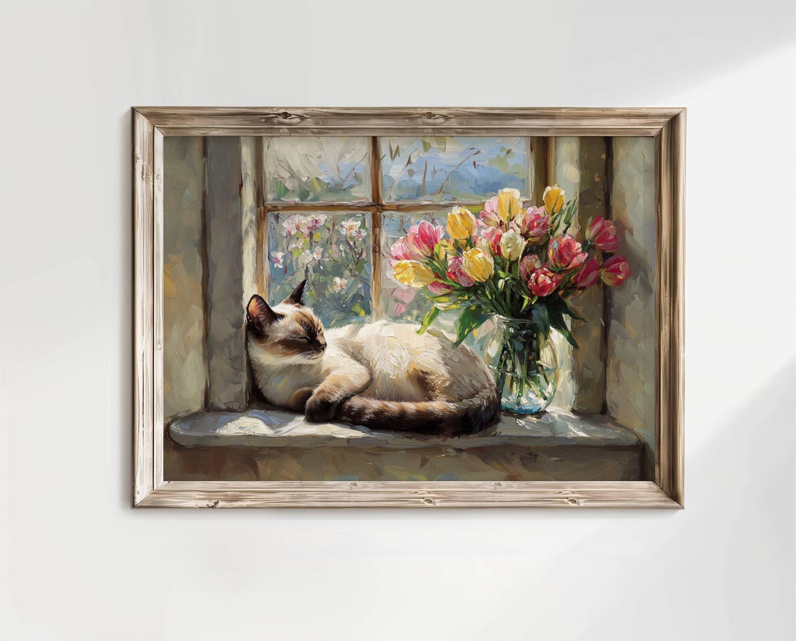 Sleeping Siamese Cat on a Windowsill Beside Tulips Spring Poster - Image 7