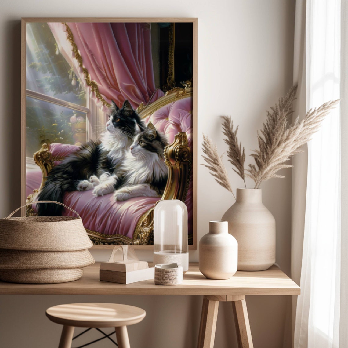 Two Tuxedo Cats Lounging On A Baroque Pink Velvet Sofa Oil Poster - Image 5
