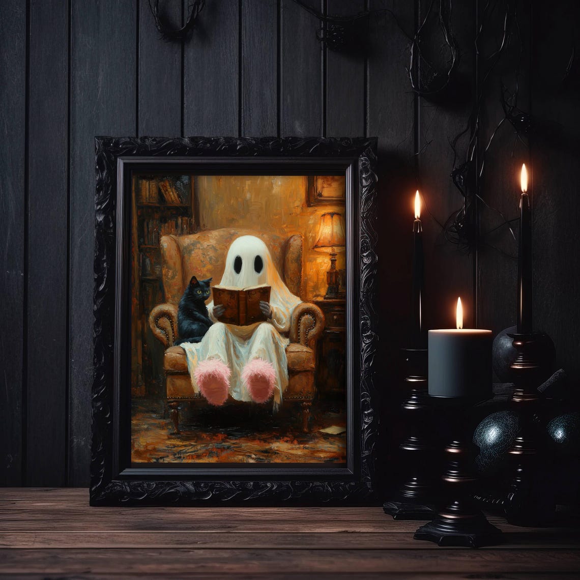Ghost in Pink Slippers Reading With a Black Cat in an Armchair Poster - Image 3