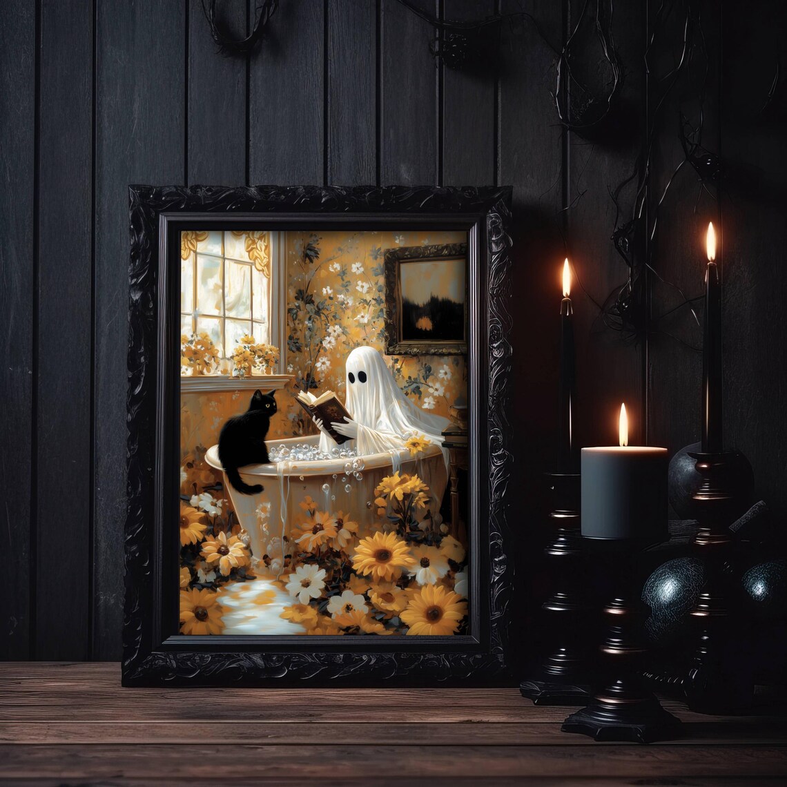 Ghost Reading in Bath, Whimsigoth Cat Wall Art Print - Image 4