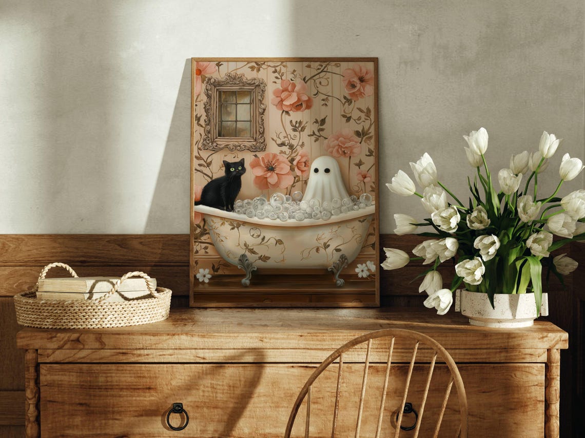 Cute Ghost and Black Cat Sharing a Floral Bubble Bath Poster - Image 3