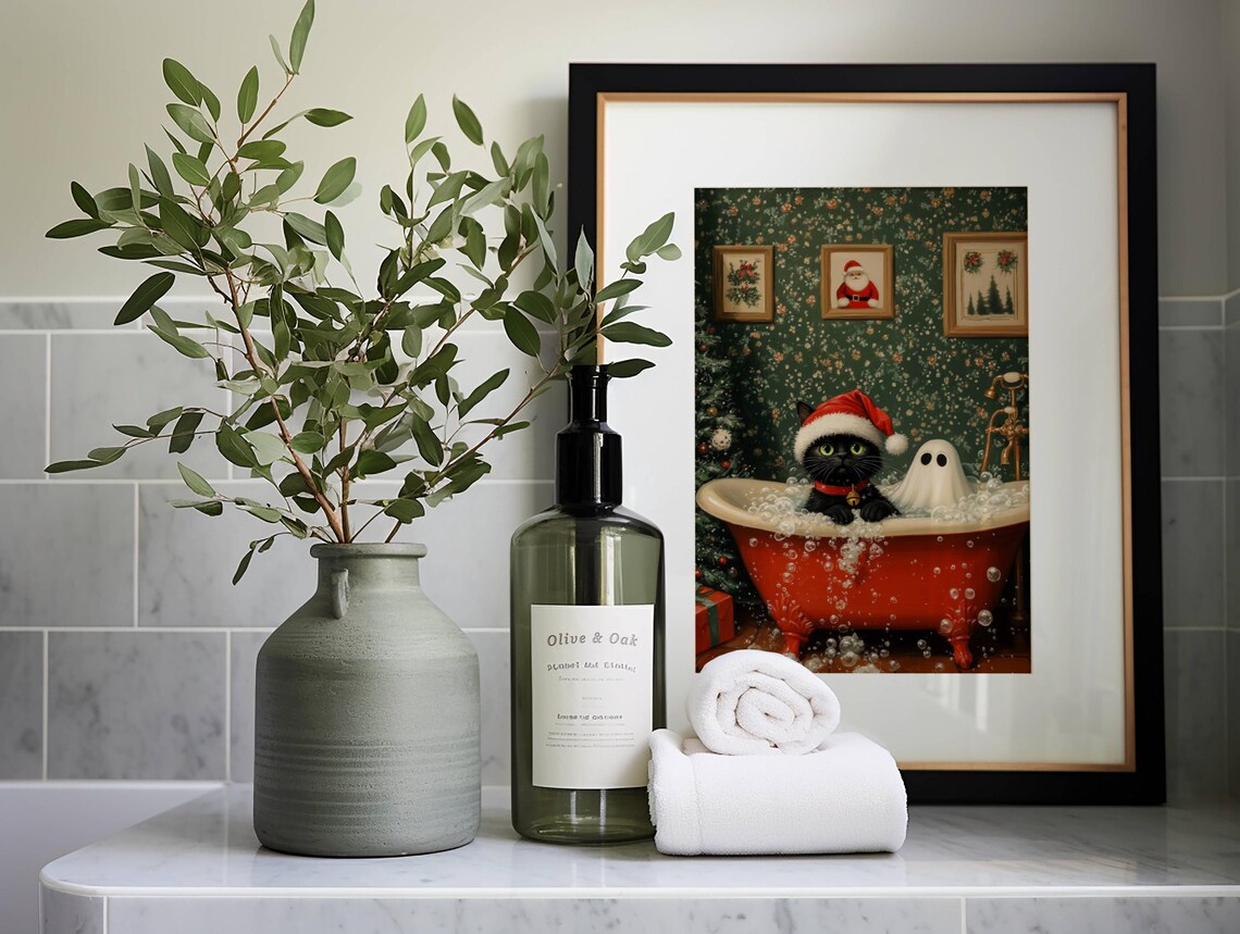 Ghost And Cat Christmas Bath Art, Whimsigoth Poster - Image 2