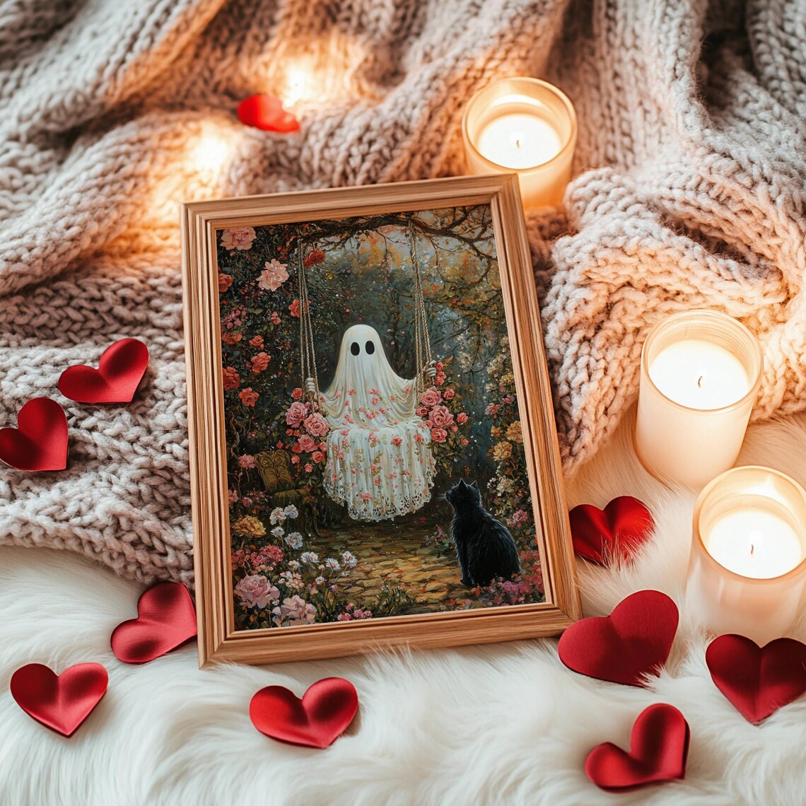 Ghost on Garden Swing and Black Cat, Whimsigoth Art Print - Image 6