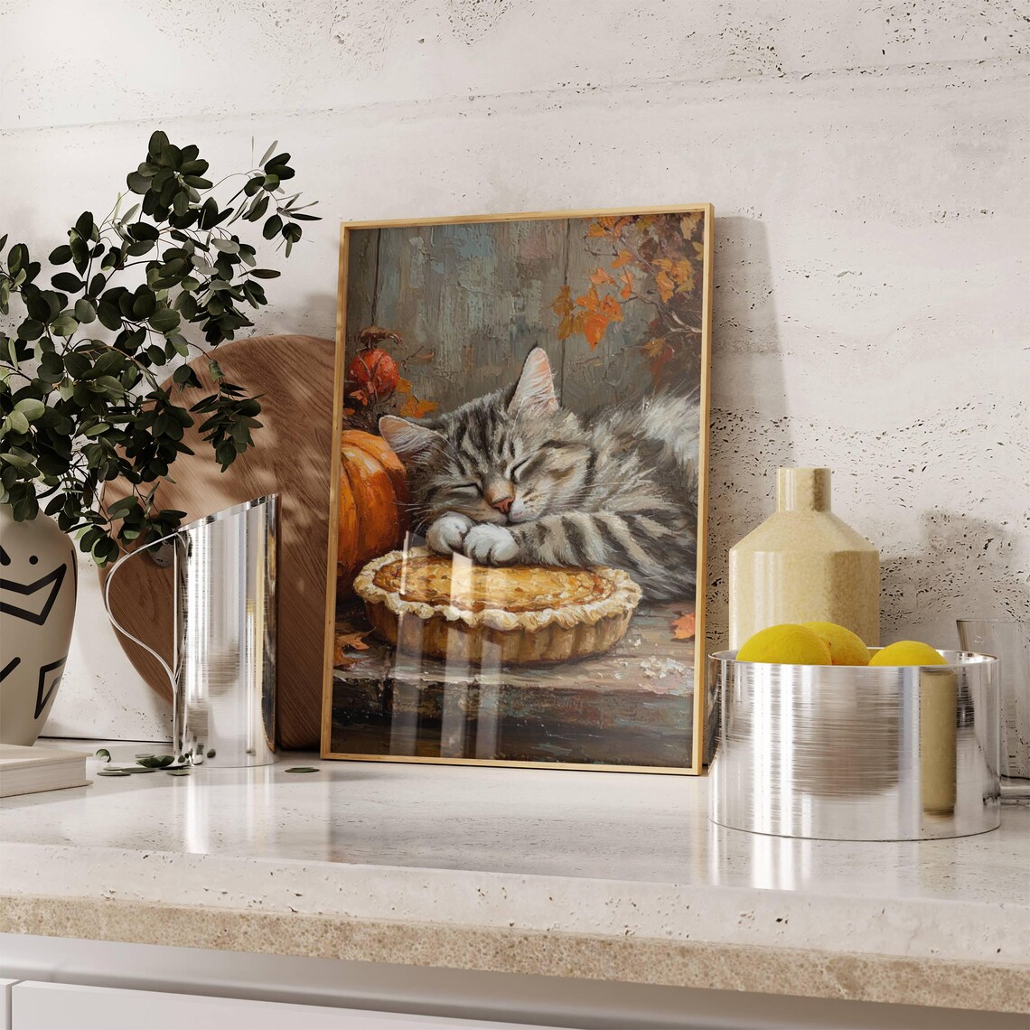 Tabby Cat and Pumpkin Pie Thanksgiving Art Print - Image 3