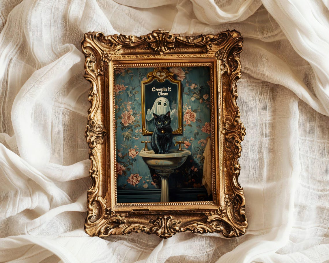 Creepin It Clean Ghost and Black Cat in a Floral Bathroom Poster - Image 3