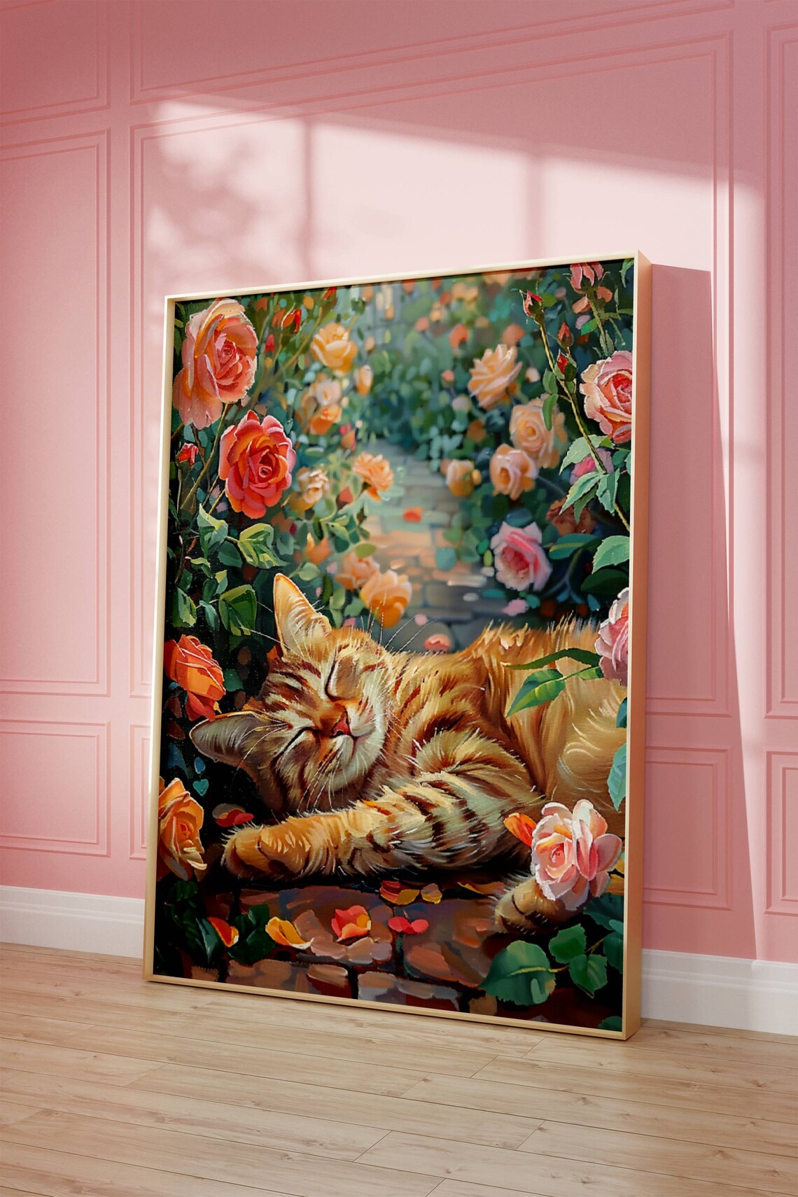 Ginger Cat in Rose Garden Poster, Floral Feline Art Print
