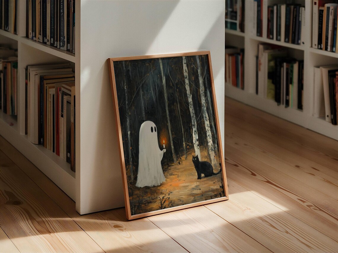 Black Cat And Ghost In Forest, Whimsigoth Art Print - Image 4