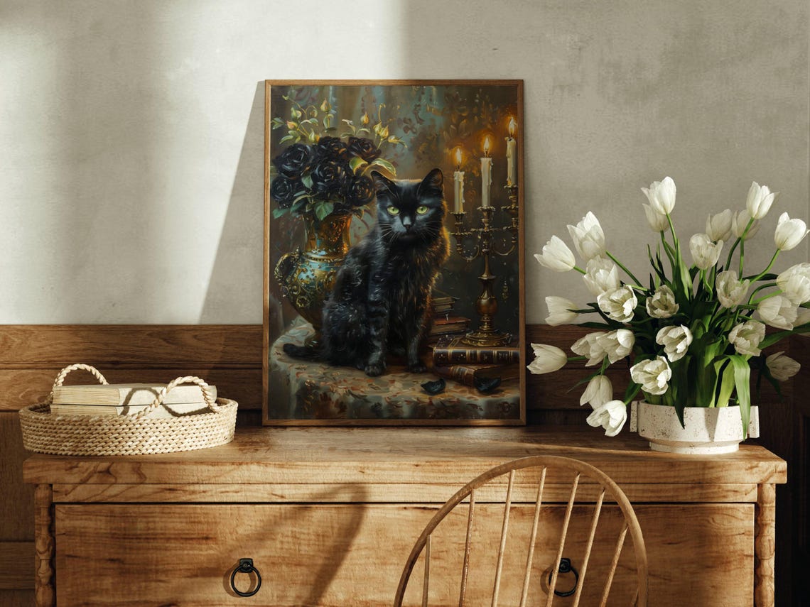 Black Cat With Black Roses Candles And Old Books Gothic Poster - Image 3