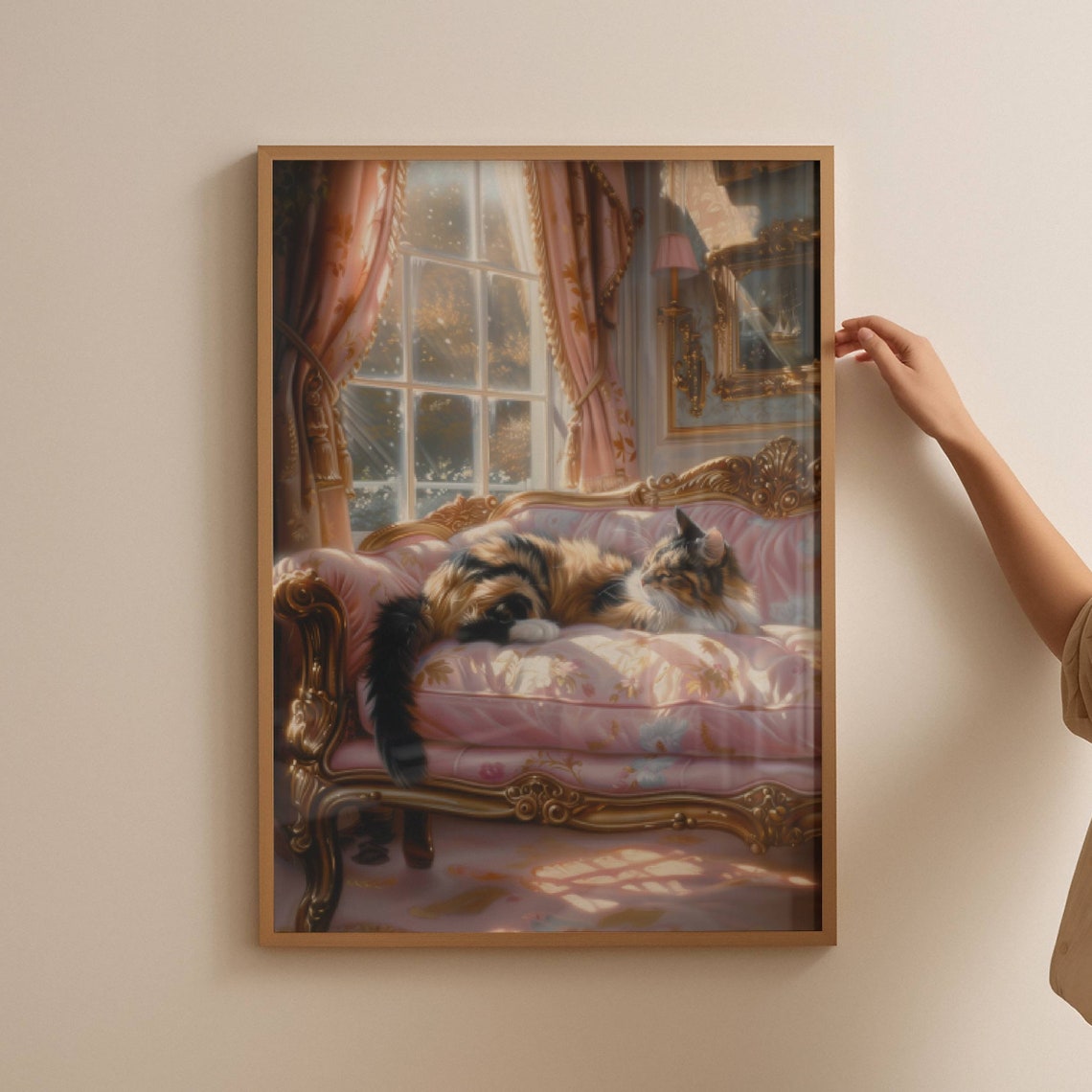 Long Haired Calico Cat Lounging On A Pink Baroque Chaise Poster - Image 6