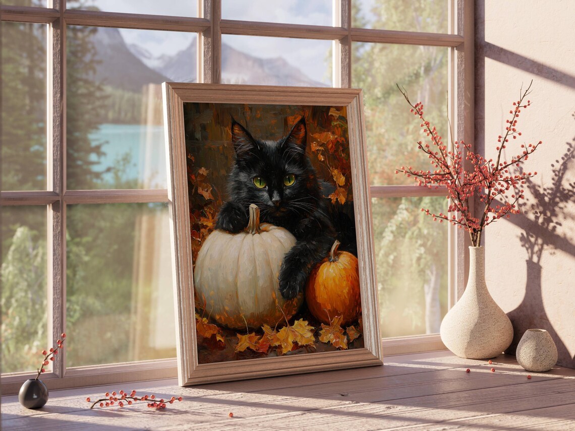 Black Cat With Pumpkins, Halloween Art Print - Image 2