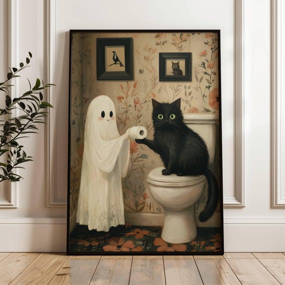 And Black Cat With Toilet Paper Bathroom Poster Spooky Halloween Art Print Whimsigoth Decor Unframed