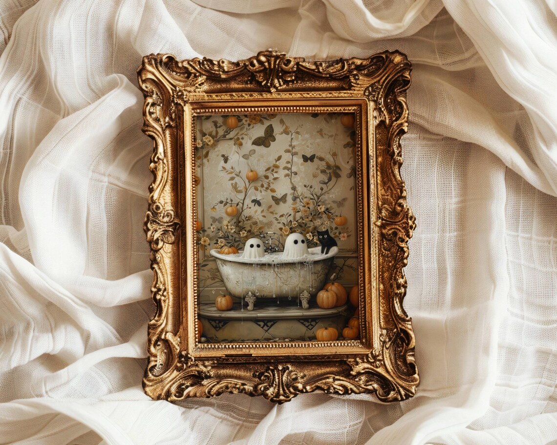 Ghost And Cat Bathtub Halloween Whimsigoth Art Print - Image 2