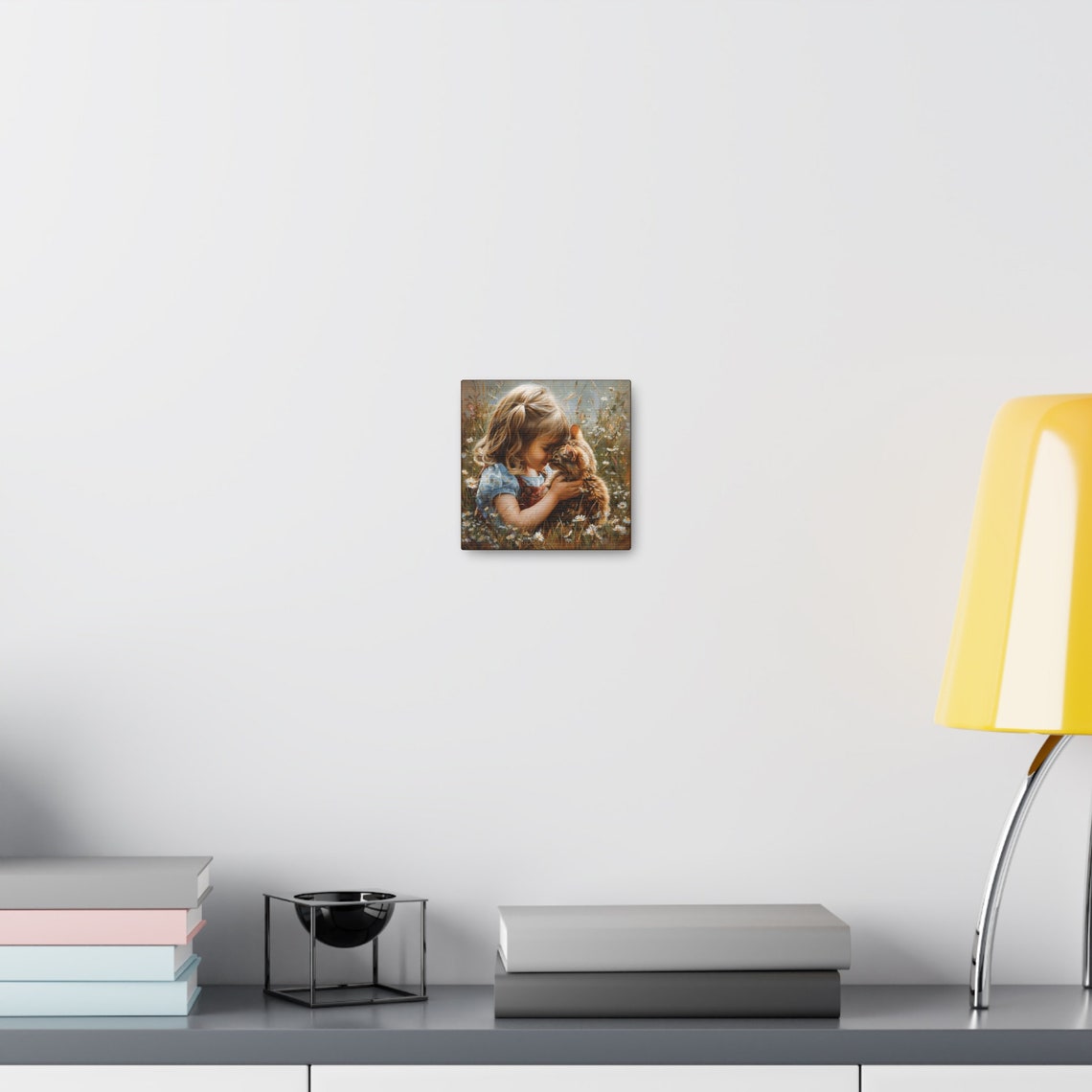 Young Girl Hugging Tabby Kitten in Daisy Meadow Painting Poster - Image 4