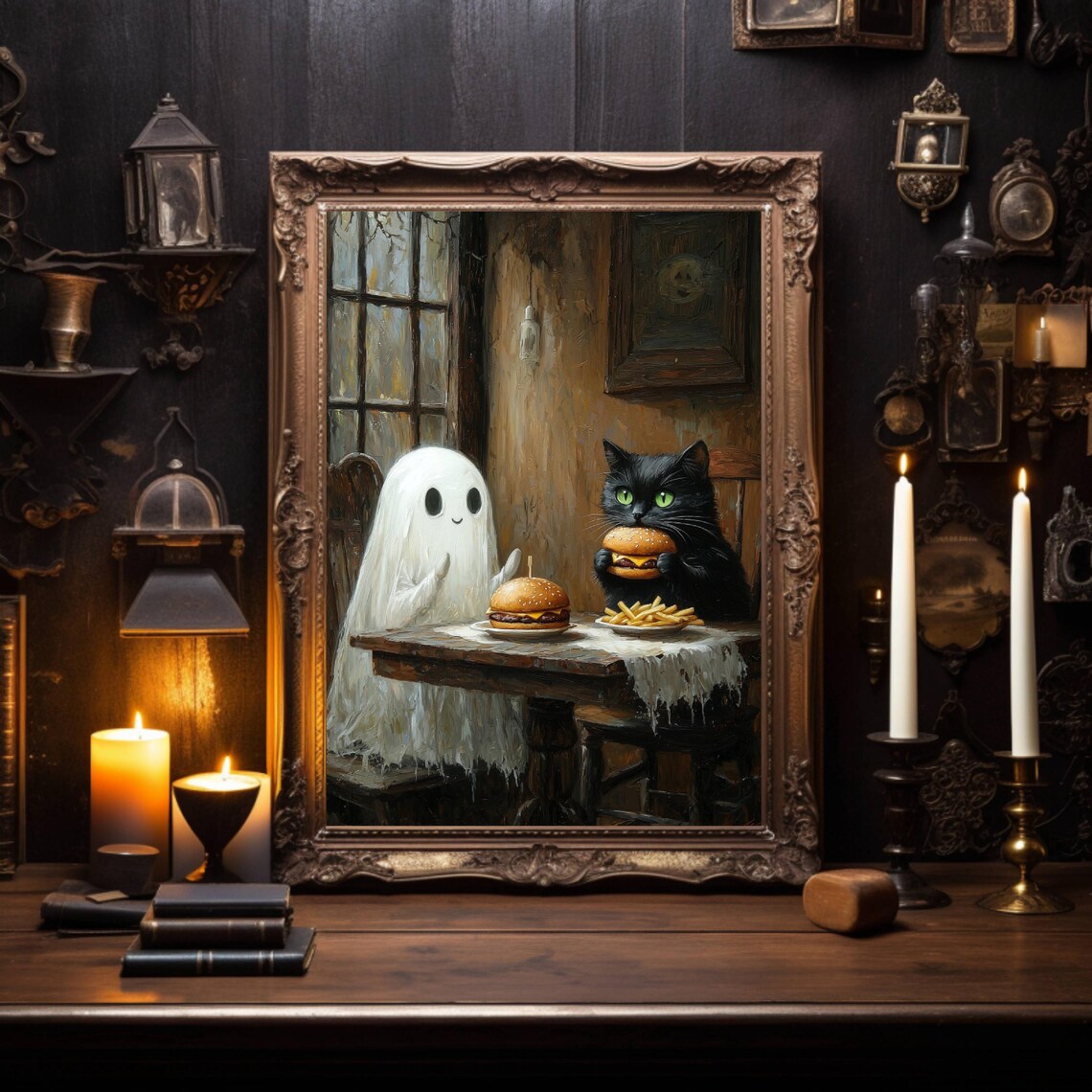 Ghost And Black Cat Sharing Burgers And Fries Funny Art Poster - Image 3