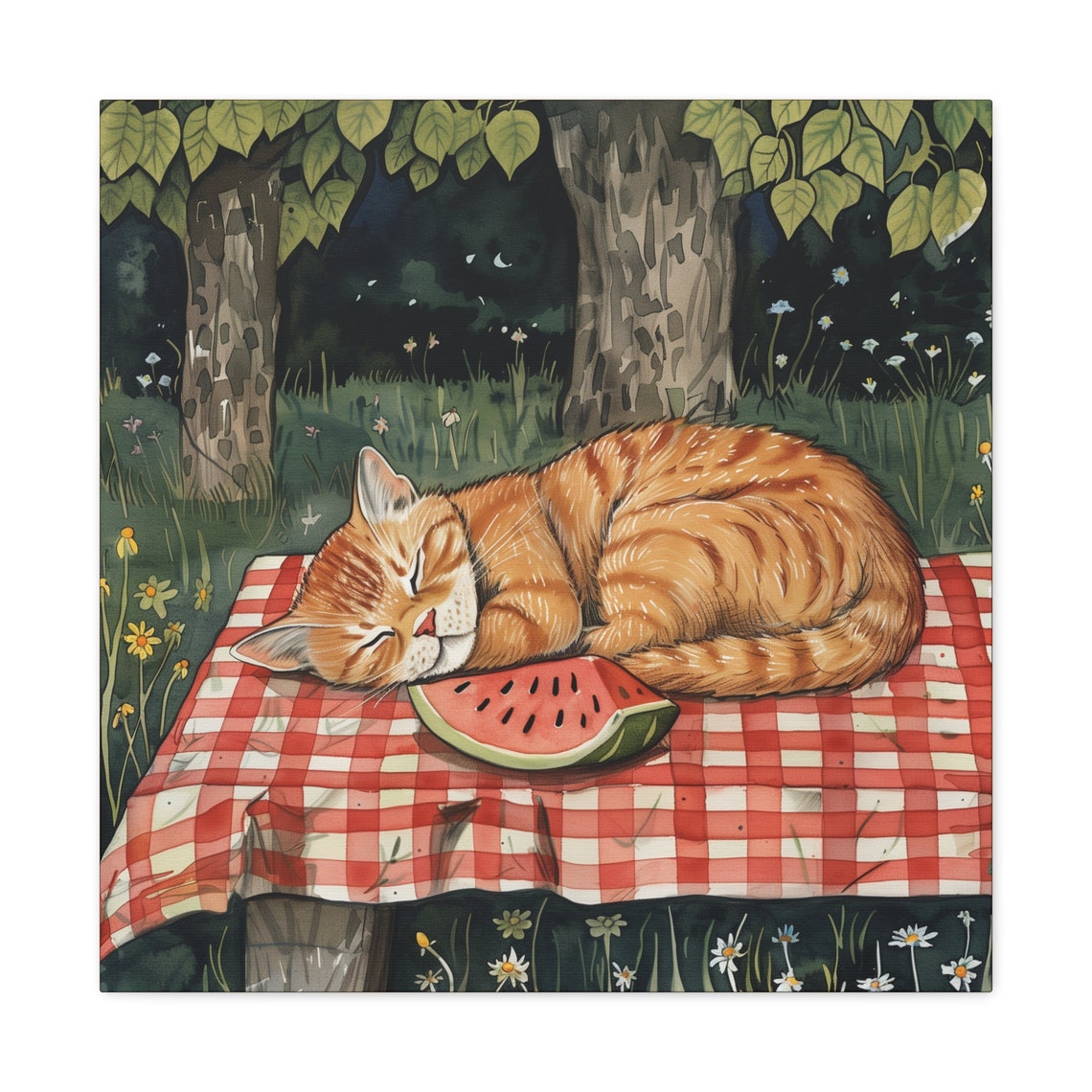 Ginger Cat Sleeping on Picnic Blanket With Watermelon Slice Poster - Image 2