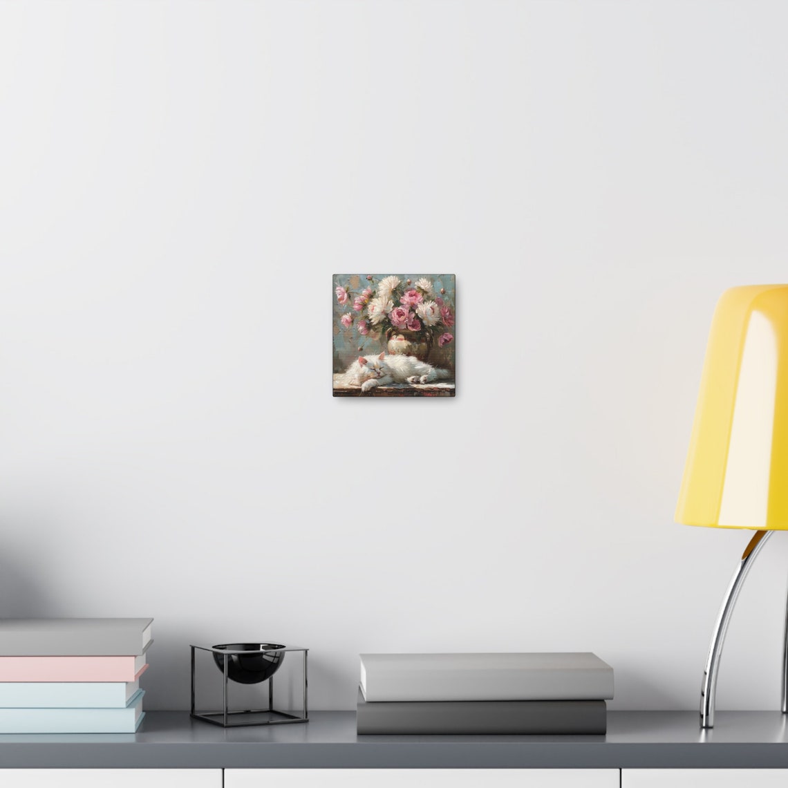White Cat Sleeping in Front of a Vase of Pink Peonies Poster - Image 2