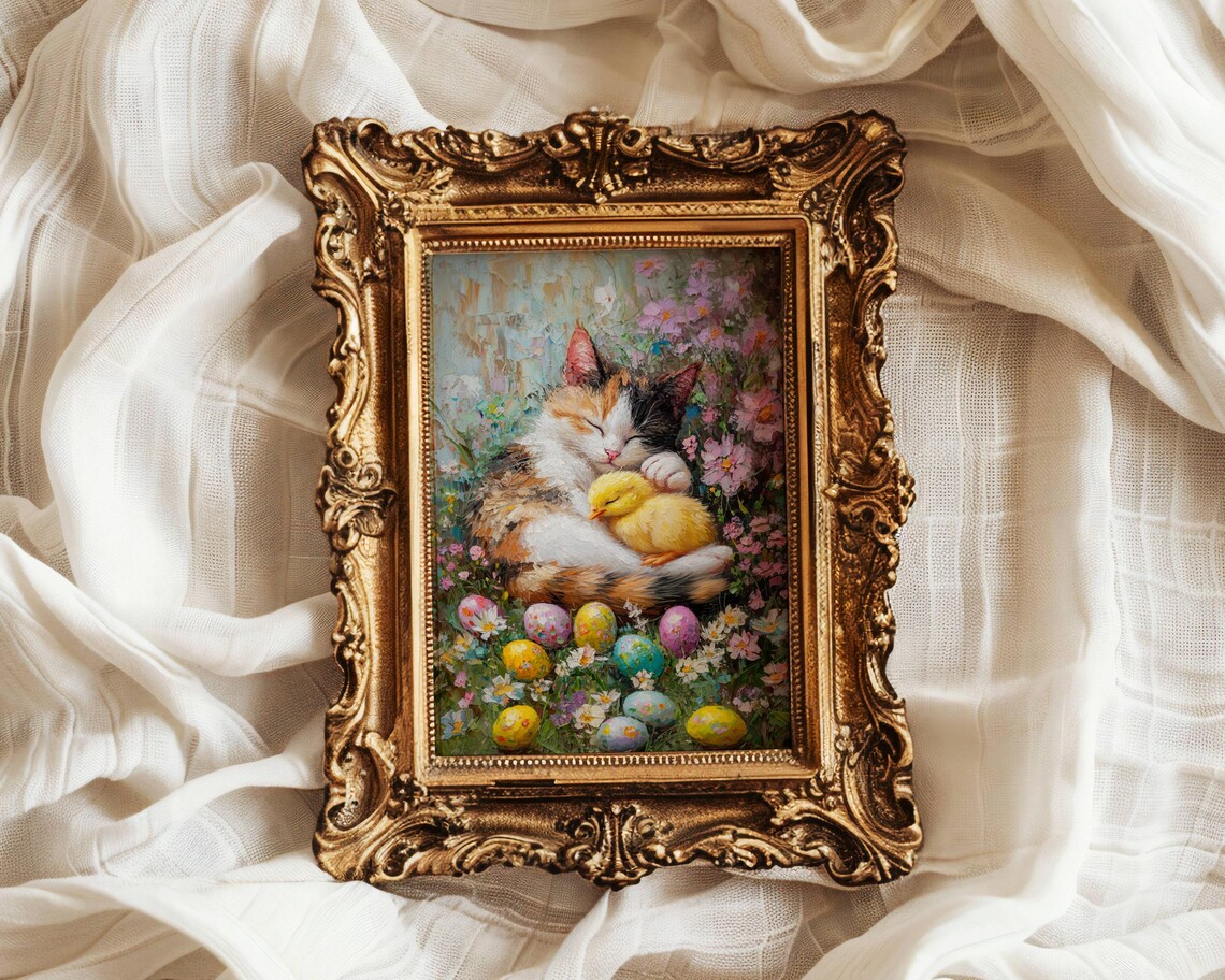 Sleepy Calico Cat Cuddling a Yellow Chick Among Painted Easter Eggs Poster - Image 5