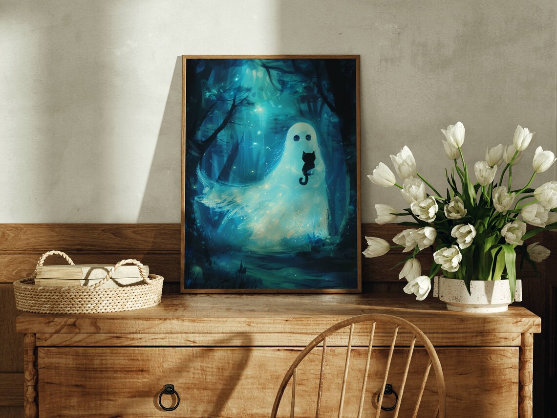 Ghost And Cat Cat Art Poster, Cats Wall Decor - Image 2