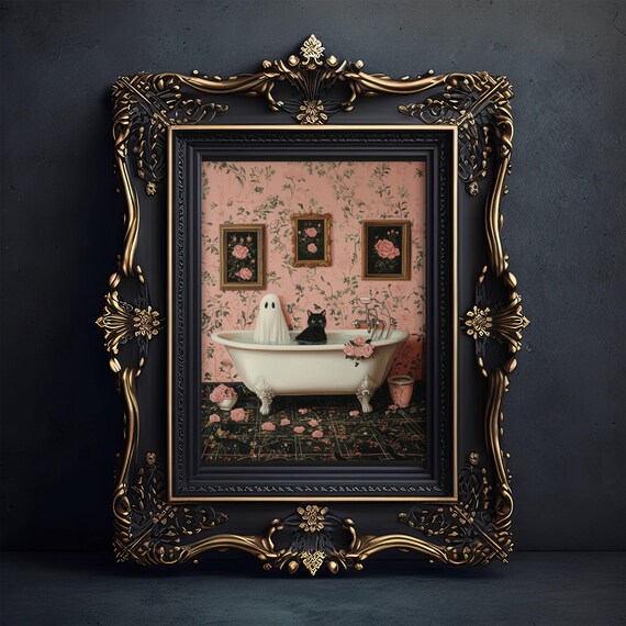 Ghost and Black Cat in a Clawfoot Tub With Pink Floral Wallpaper Poster