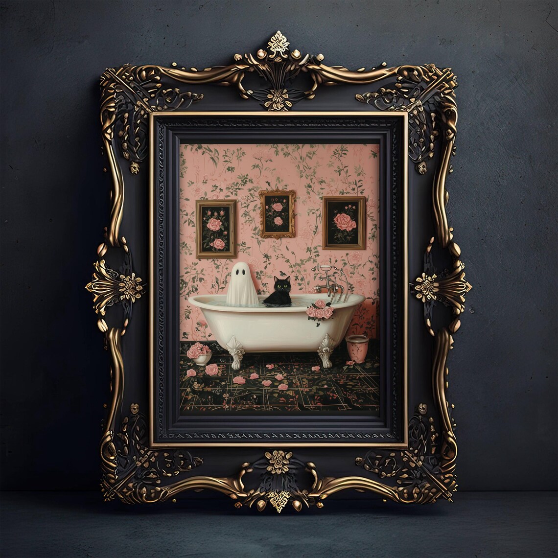 Ghost and Black Cat in a Clawfoot Tub With Pink Floral Wallpaper Poster