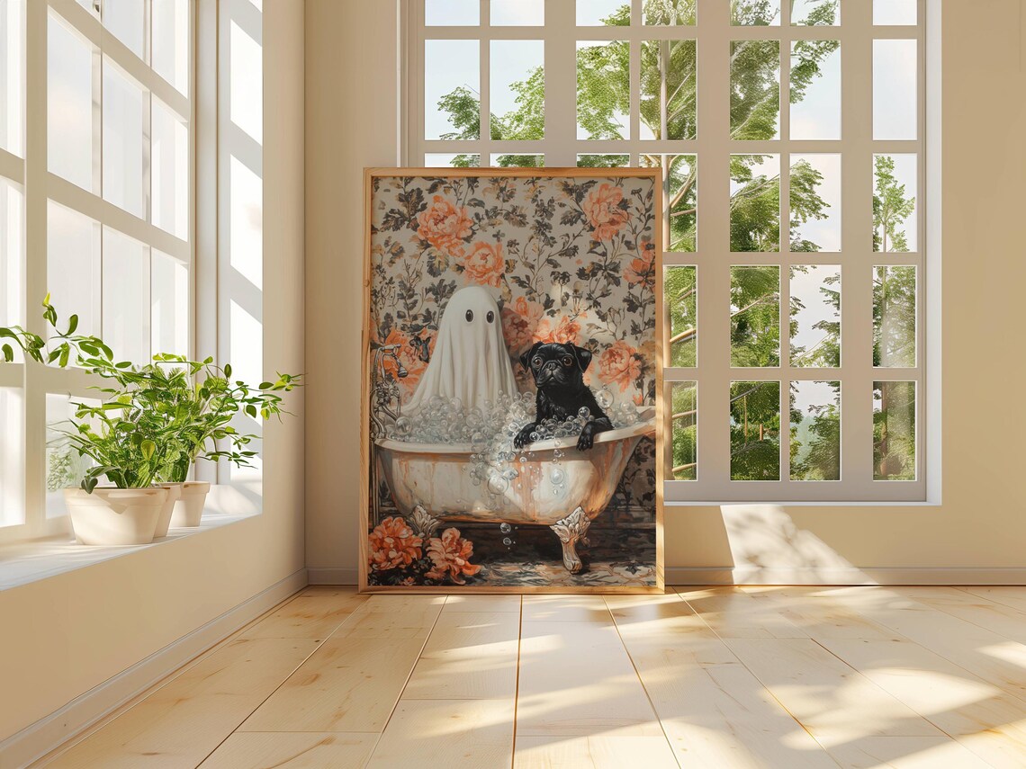 Ghost and Black Pug Bathtub Halloween Art Print - Image 5
