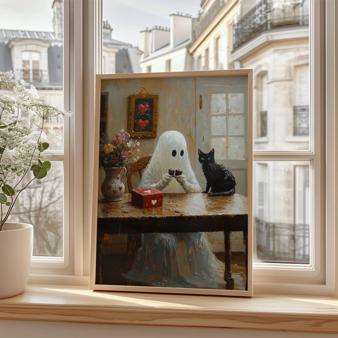 Ghost Sharing Valentine Chocolates with Black Cat Whimsical Poster - Image 5