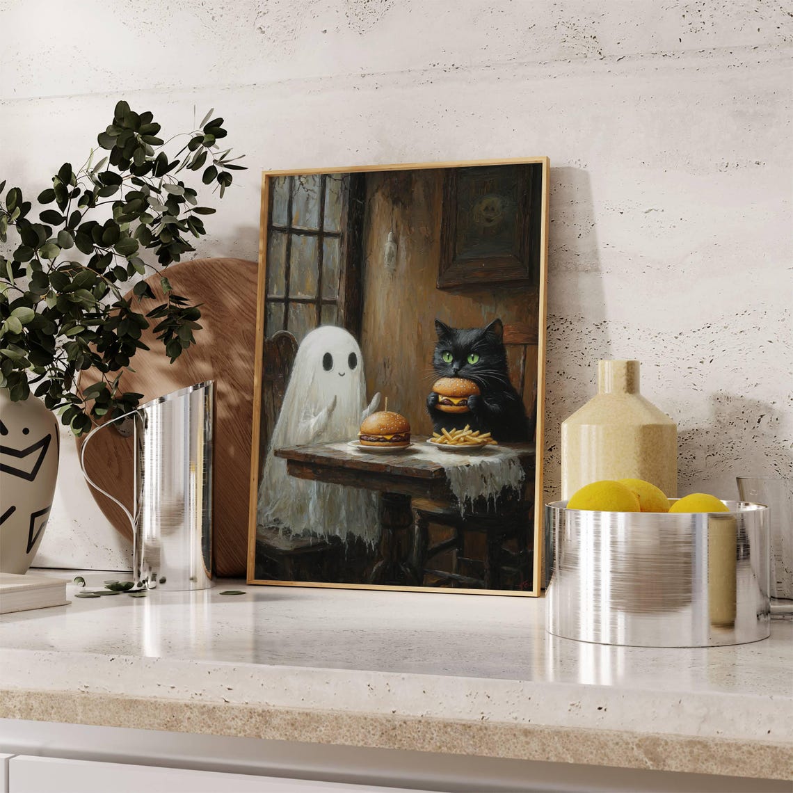 Ghost and Black Cat Eating Cheeseburgers and Fries at a Table Poster - Image 7