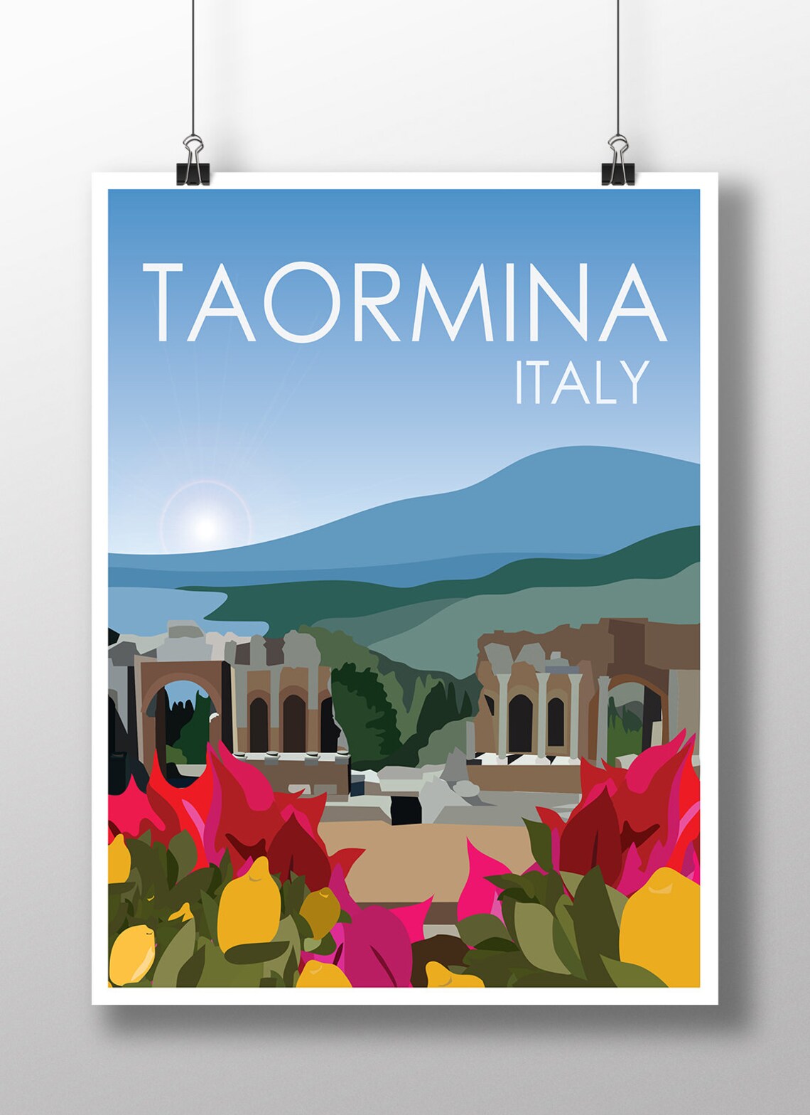 Taormina Italy Ancient Theater Ruins Sunset Travel Landmark Poster