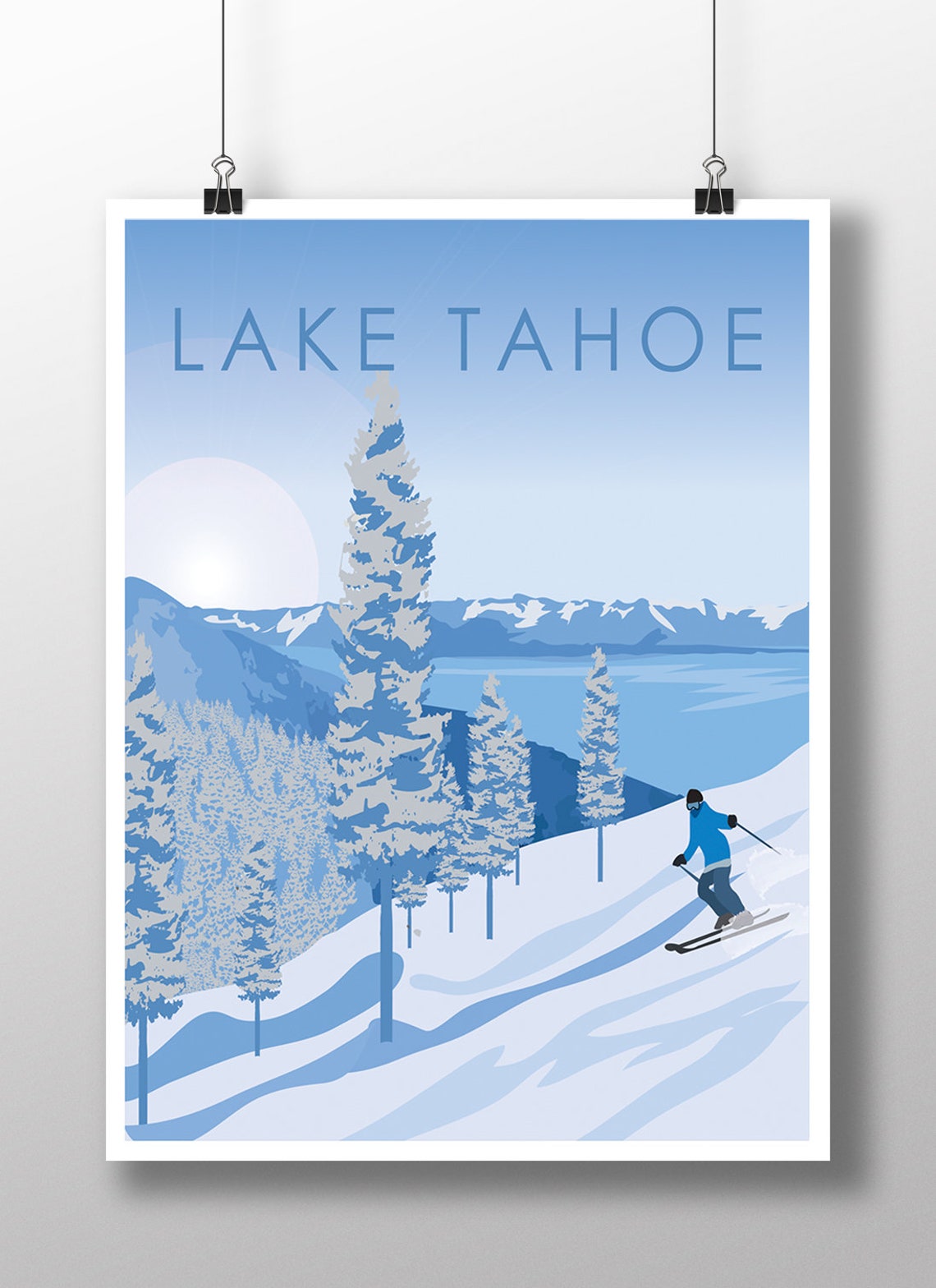Lake Tahoe Skier Snowy Slope Pines Winter Mountain Travel Poster