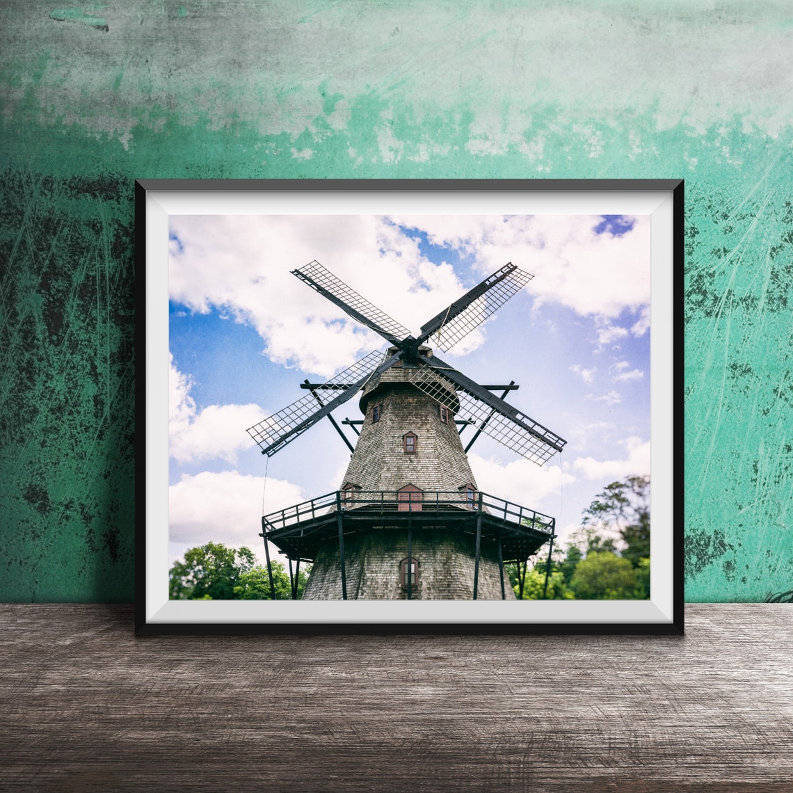 Historic Dutch Fabyan Windmill Under Bright Cloudy Blue Sky Poster