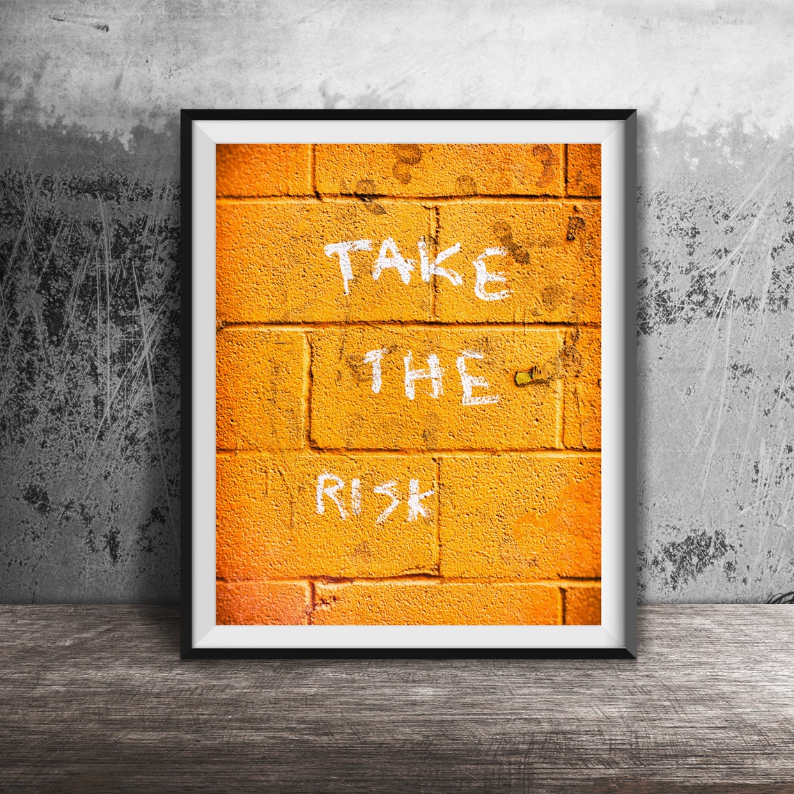Take the Risk Bold White Graffiti on Orange Brick Wall Poster