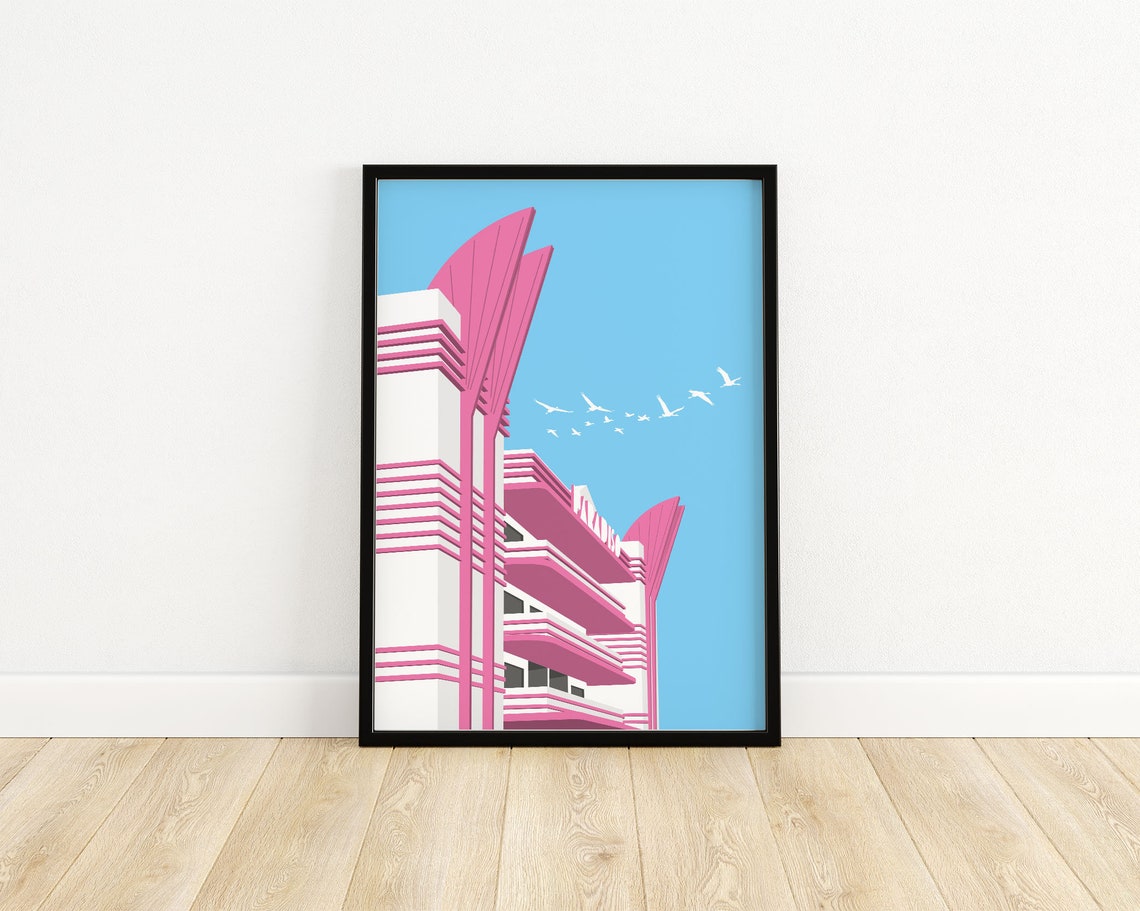 Pink Art Deco Hotel Paradiso Facade Pelican Sky Illustration Poster - Image 3