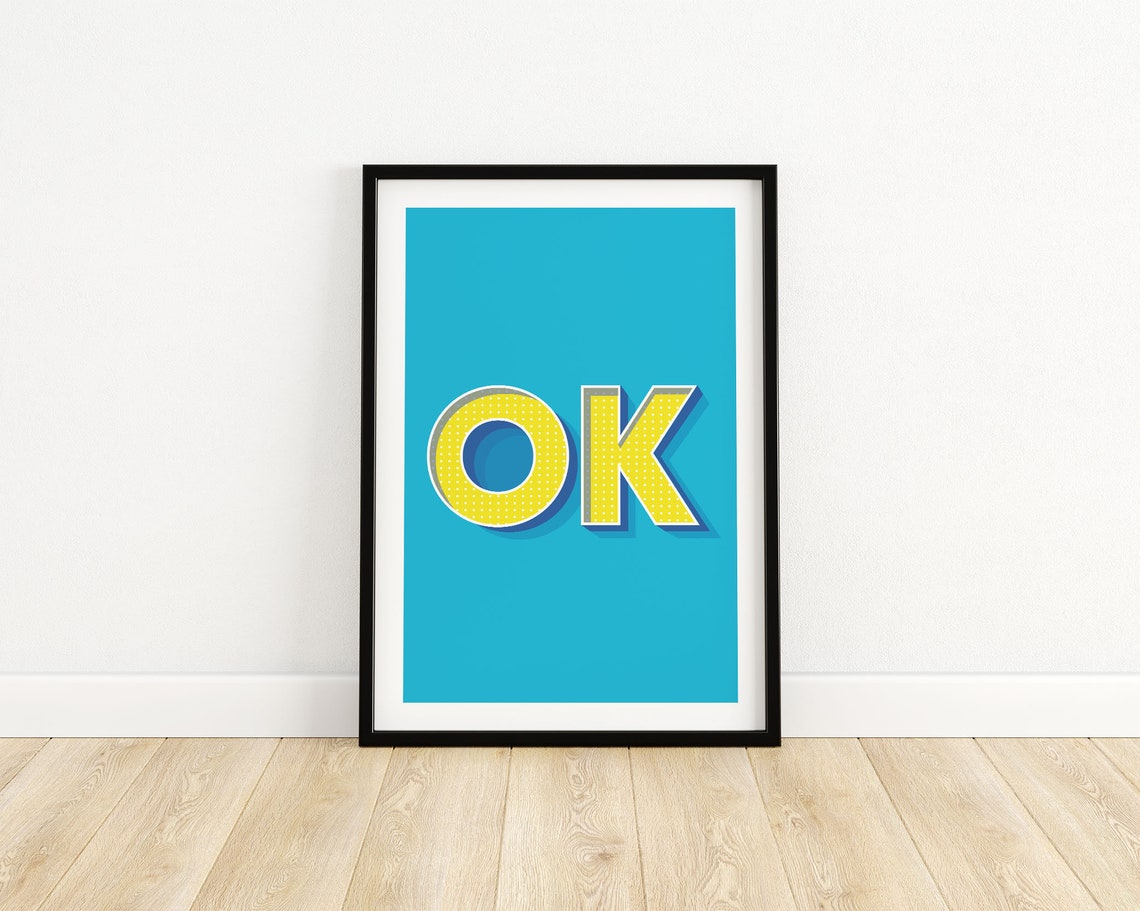 OK Retro Pop Art Yellow 3D Letters Turquoise Background Poster - Image 3