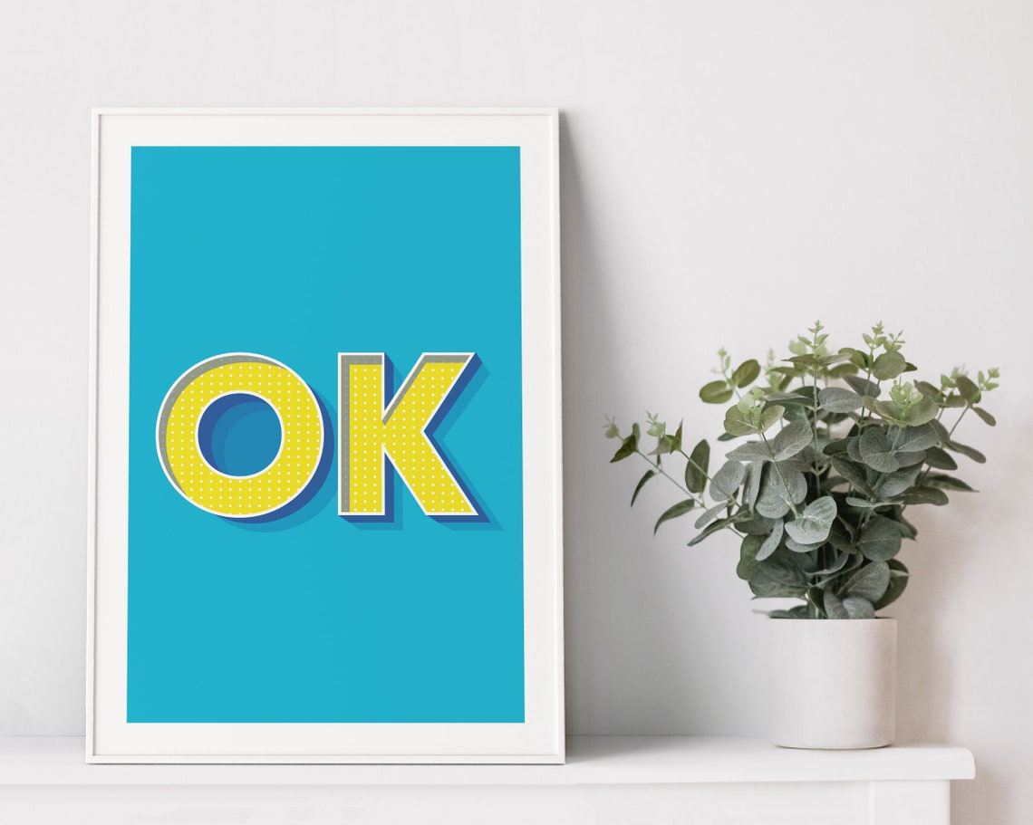 OK Retro Pop Art Yellow 3D Letters Turquoise Background Poster - Image 2