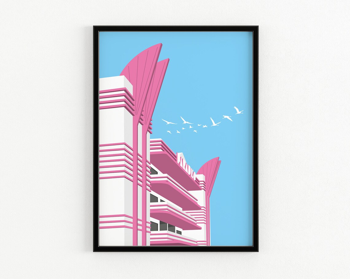 Pink Art Deco Hotel Paradiso Facade Pelican Sky Illustration Poster