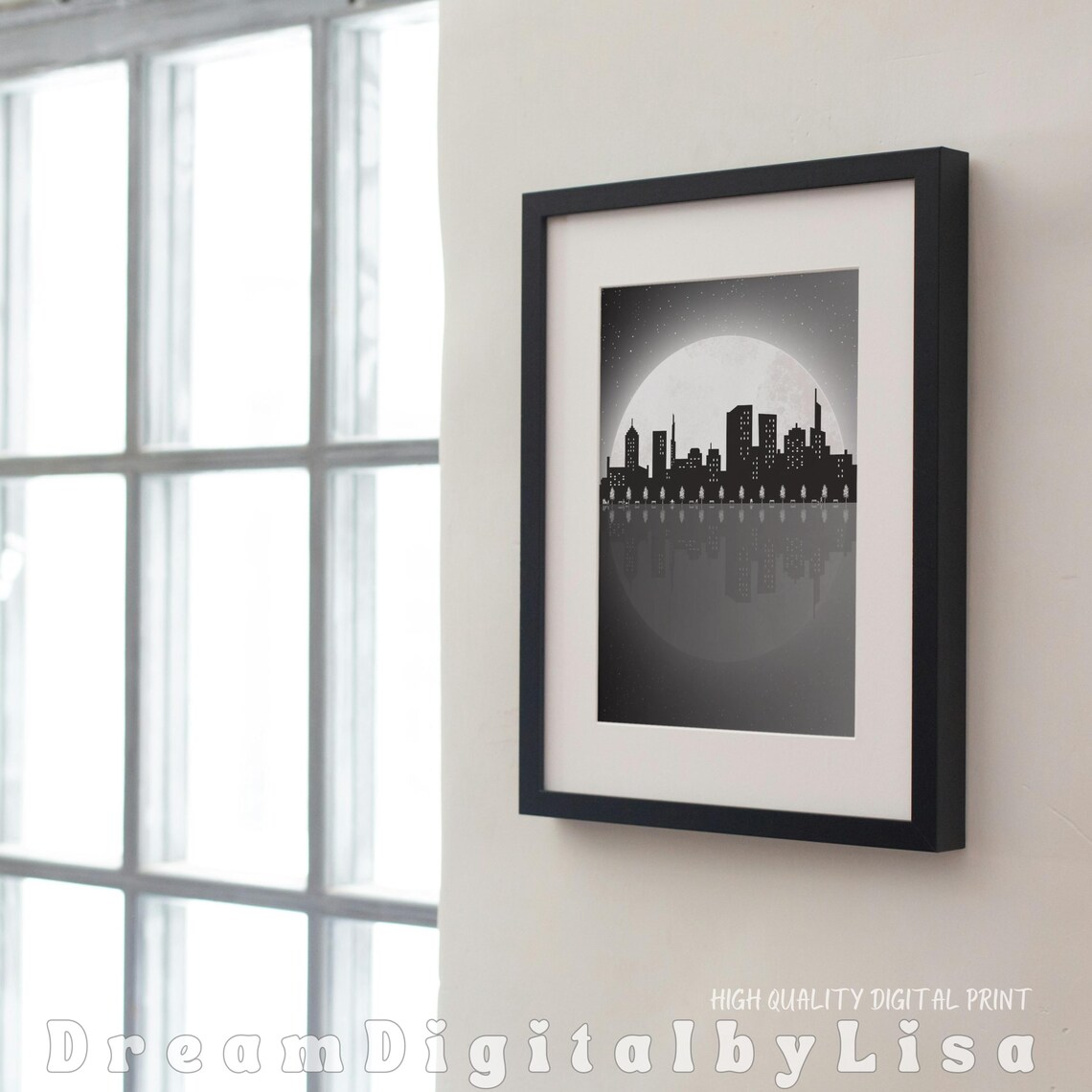 Black And White City Skyline Poster Moonlit Reflection Night City Art - Image 3