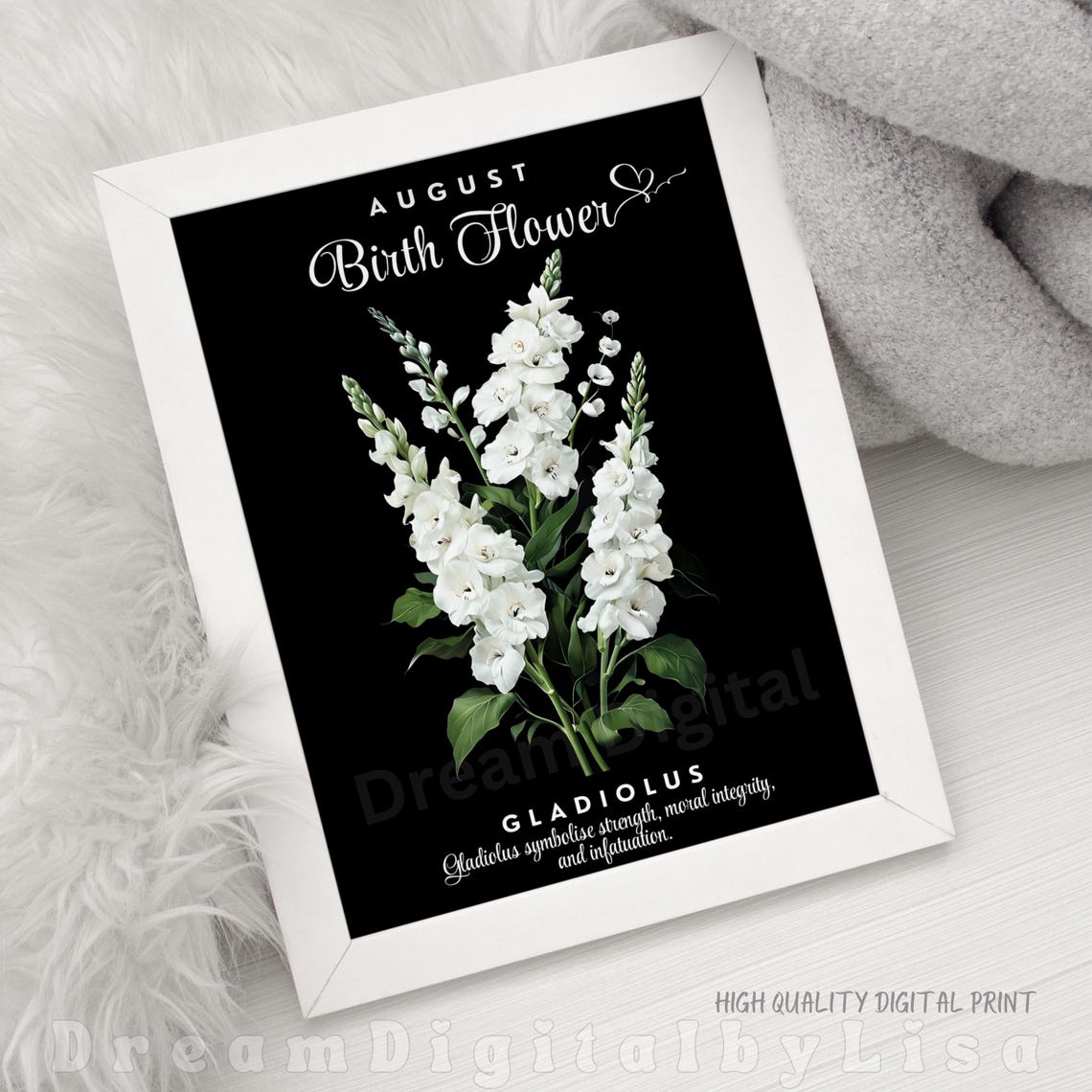 August Birth Flower Gladiolus White Botanical Floral Gift Poster - Image 2