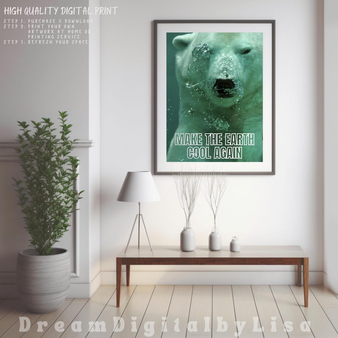Make The Earth Cool Again Poster Polar Bear Underwater Climate Art - Image 2
