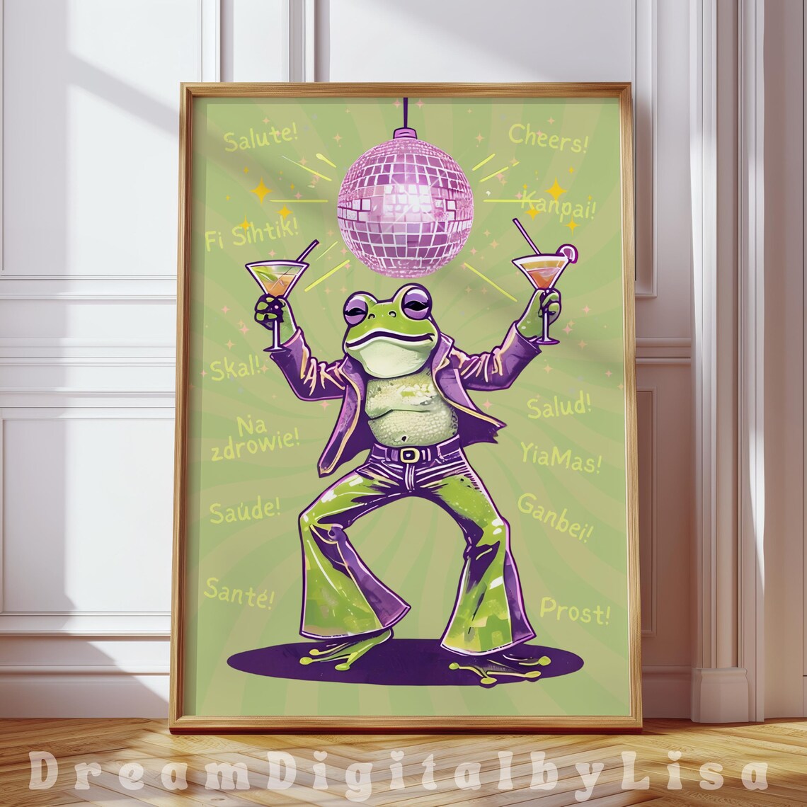 Frog Cheers In 12 Languages, Retro Funky Disco Art