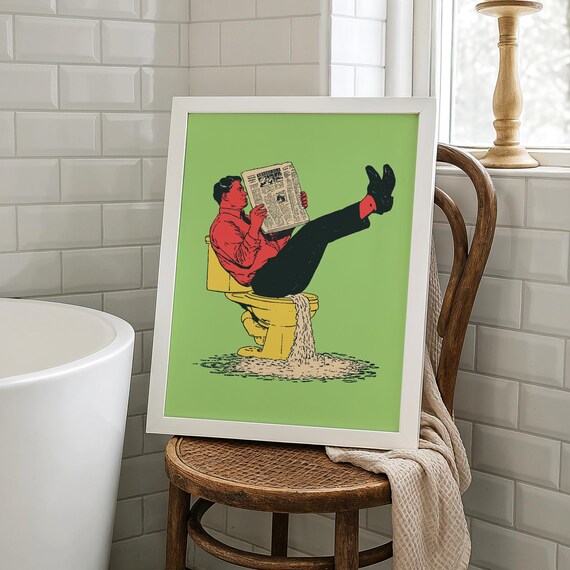 Funny Retro Bathroom Man Reading Newspaper Toilet Humor Poster