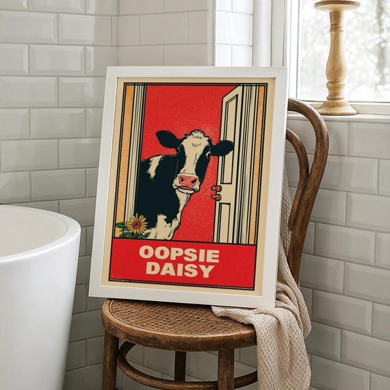 Funny Cow Bathroom Print Retro Farmhouse Animal Humor Pdf Jpg