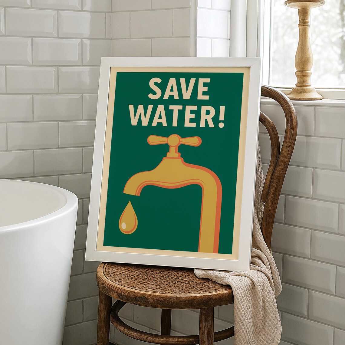 Save Water Retro Green Bathroom Faucet Conservation Art Poster