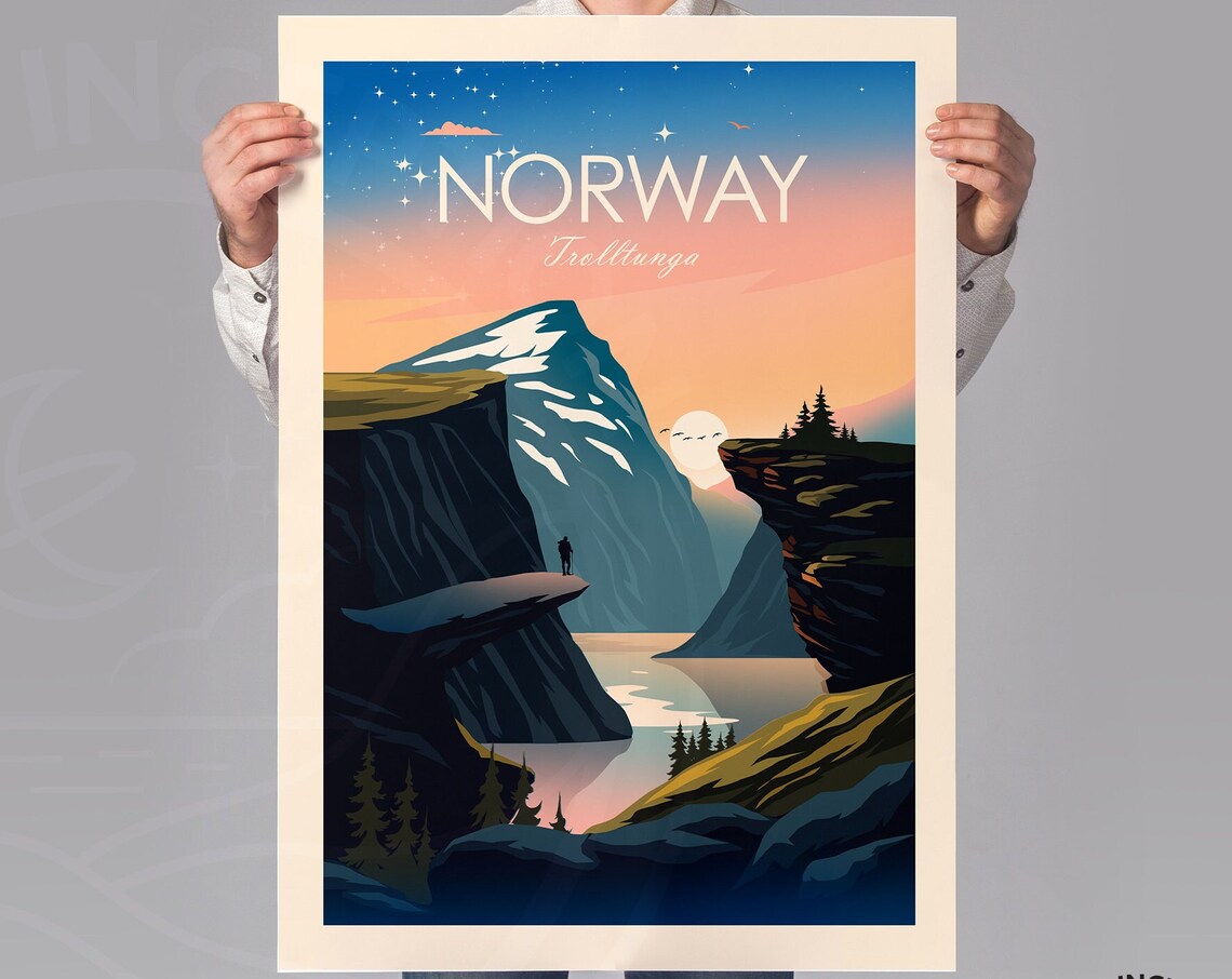 Norway Trolltunga Cliff Fjord Sunset Hiker Vintage Travel Poster - Image 2
