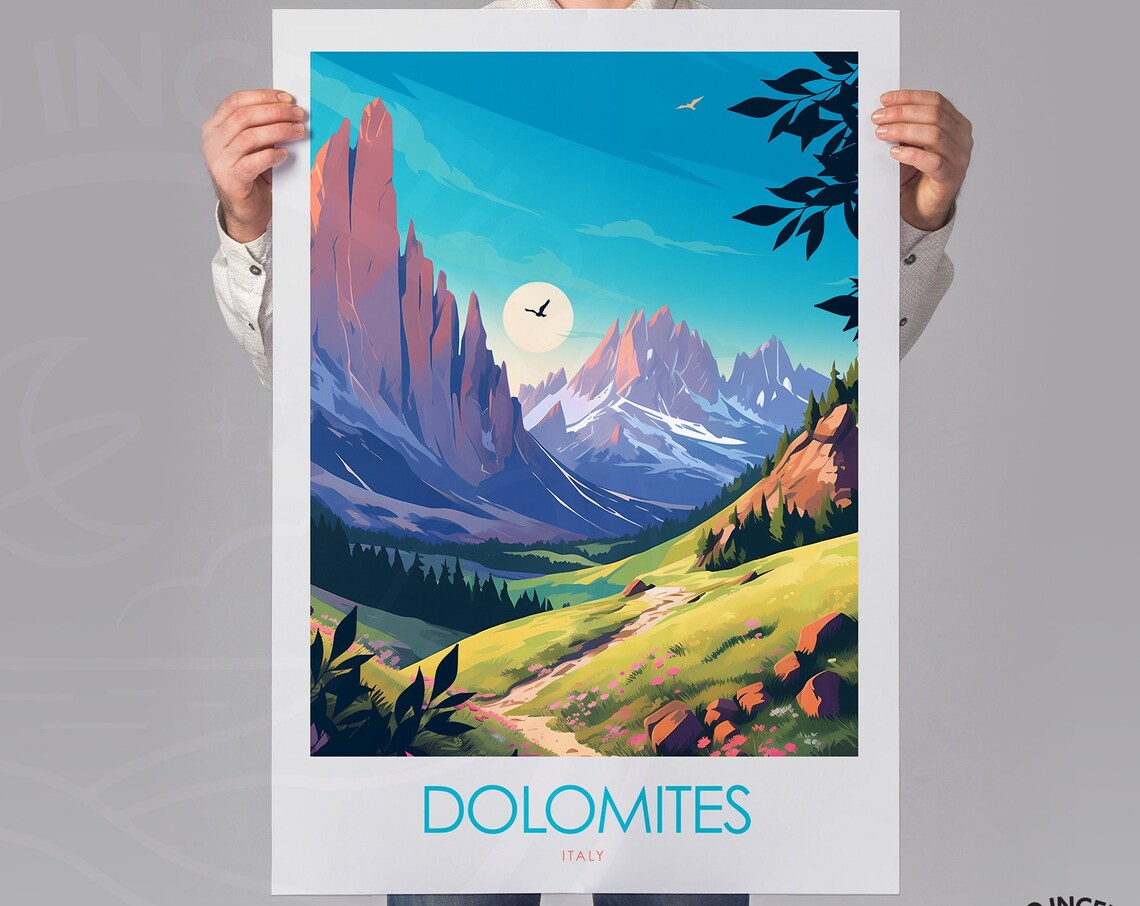 Dolomites Italy Alpine Peaks Meadow Moon Vintage Travel Poster - Image 2