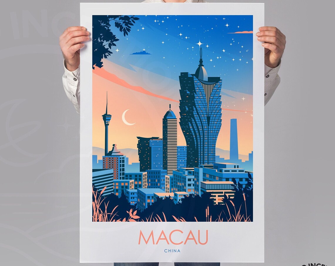 Macau China Night Skyline Grand Lisboa Vintage Travel Poster - Image 2